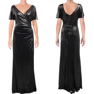 Ralph Lauren Womens Black Gathered Short Sleeve V Neck Maxi Dress